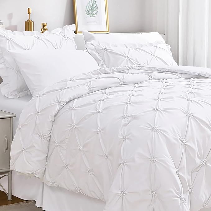 JOLLYVOGUE White Full Size Comforter Sets 7 Pieces, Pintuck Bed in a Bag Comforter Set for Bedroom, Bedding Comforter Sets with Comforter, Sheets,Ruffled Shams & Pillowcases
