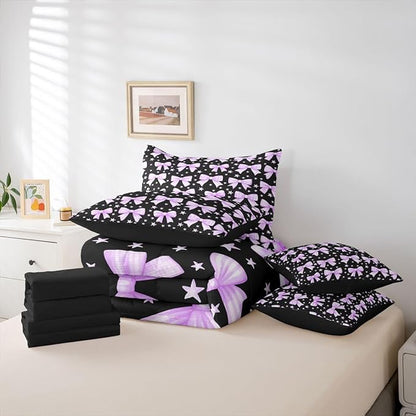 Erosebridal Bowknot Girls Kawaii Purple Black 7 Piece Bedding Set Twin | Cute Bow Comforter Set with Sheets Princess Y2K Dreamy Bed in A Bag Starry Bed Sets