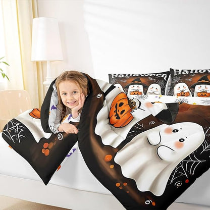 Erosebridal Boys Halloween Bedding Set Twin, Ghost Holding Pumpkin Comforter Set, Halloween Ghost with Wizard Hat Comforter, Bat Cobweb Black Quilt with 1 Pillowcase for Kids Girls Teens Bedroom