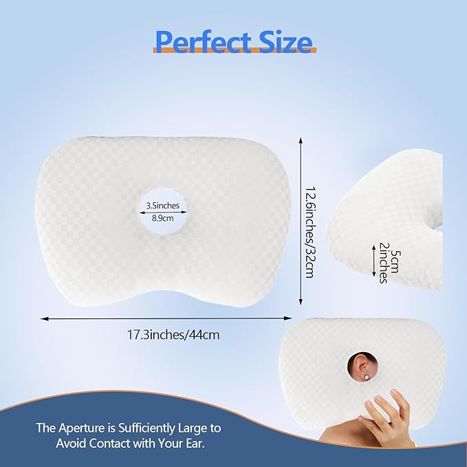 Ear Piercing Hole Pillows Side Sleeper Pillow with an Ear Hole for CNH Side Sleepers and Ear Inflammation Pressure Sores, Adjustable Cotton and Polyester Curved Side Pillow, White