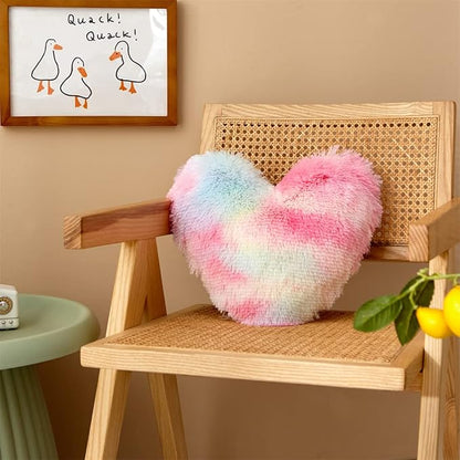 MOOWOO Rainbow Fluffy Heart Pillow,Valentines Day Decor Faux Fur Throw Pillow,Sherpa Plush Shaggy, Girl Room Decor,Heart Shape for Mothers Day,Christmas Decorations(Colorful)