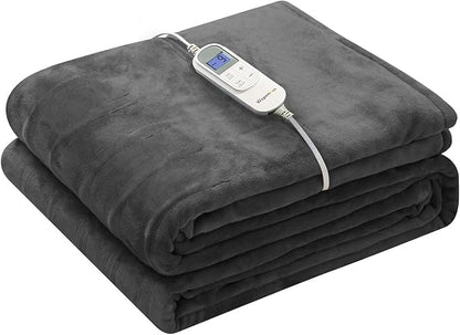 Wapaneus Heated Blanket Electric Blanket 62" x 84" Twin Size with 10 Heating Levels and 12 Hours time Settings, Flannel Fast-Heating Electric Blanket, ETL Listed, Machine Washable, Dark Grey