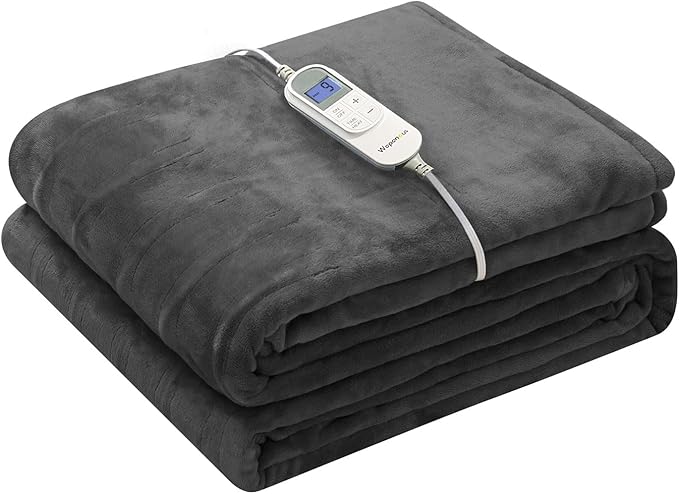 Wapaneus Heated Blanket Full 72" x 84" Electric Throw 10 Heating Levels 12 Hours Time Setings and Auto-Shut Off, Flannel Fast-Heating Electric Blanket, Grey