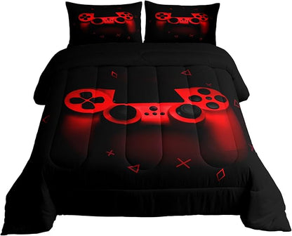Boys Gamer Comforter Set Full Size,Gamepad Bedding Set Kids Young Man Video Games Down Comforter for Teen Child Game Room Decor Black Red Classic Retro Gaming Quilted Duvet Set with Pillowcase