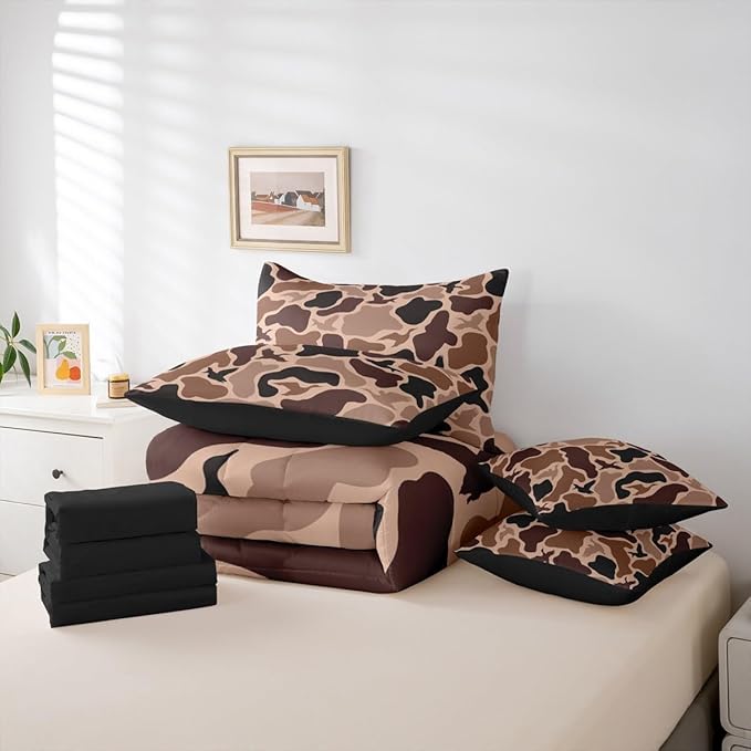 Erosebridal Duck Huner 7 Piece Bedding Set Full Camo Comforter Set with Sheets Rustic Hunting Army Bed in a Bag Woodland Camouflage Military Bed Sets Comforter