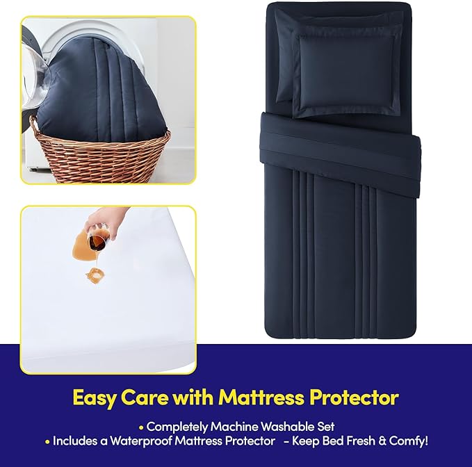 Twin Size Comforter Set Quilted Stripe Bedding Bundle – Stylish Set with Comforter, Mattress Protector, Sheet Set & Pillow Shams — Sophisticated Striped Design for Home & Guest Rooms, Navy Blue