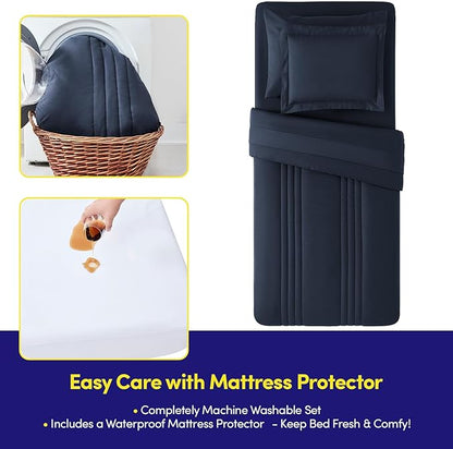 Twin Size Comforter Set Quilted Stripe Bedding Bundle – Stylish Set with Comforter, Mattress Protector, Sheet Set & Pillow Shams — Sophisticated Striped Design for Home & Guest Rooms, Navy Blue