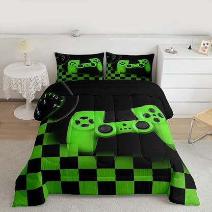 Erosebridal Gaming Comforter for Teen Boys Kids Girls,Gamepad Duvet Insert for Gamer Home Decor,Black Green Teens Gamer Bedding Set King,Buffalo Check Plaid Down Comforter Set with 2 Pillowcases