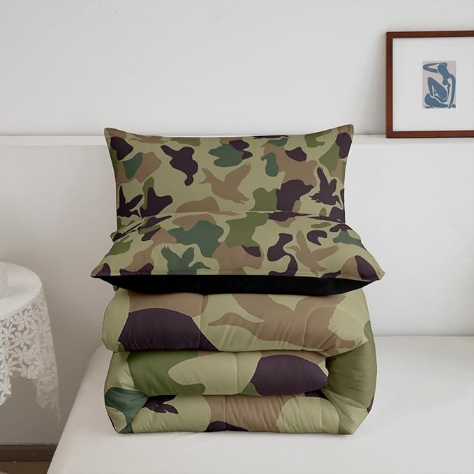 Erosebridal Camo Comforter Set Queen Size Army Green Bedding for Kids Farmhouse Camouflage Hunting Comforter Vintage Brown Room Decor Wild Duck Rustic Animal Duvet Set