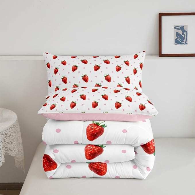 jejeloiu Sweet Strawberry Duvet Cover Toddle Size 3D Print Bedding Set for Kids Boys Girls Pink Wave Dot Comforter Cover Set Kawaii Fruit Bedspread Cover 2Pcs