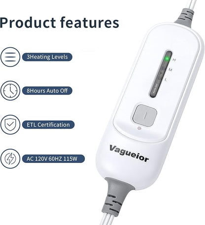 Vagueior Electric Heated Blanket Full Size 72'' x 84'' Extra-Warm Lightweight Cozy Luxury Electric Blanket Machine Washable with 3 Heating Levels Auto-Off Machine Washable - Blue ETL Certification