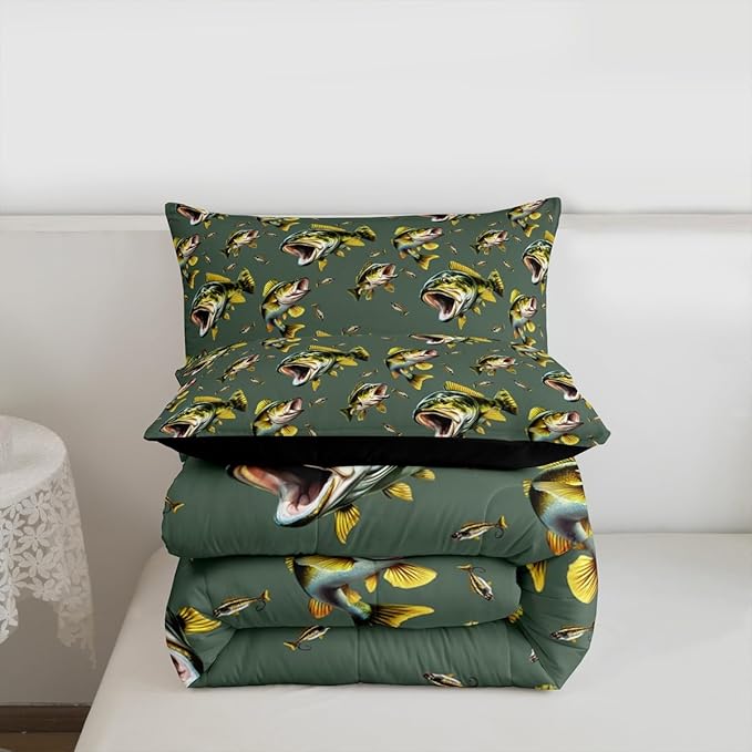 Erosebridal Bass Fishing Full Bedding Set - Pike Fish Theme Comforter Set for Boys Kids Teen | Hunting Fisherman Quilt | Lake House Rustic Cabin Bedroom Decor with 2 Pillowcases