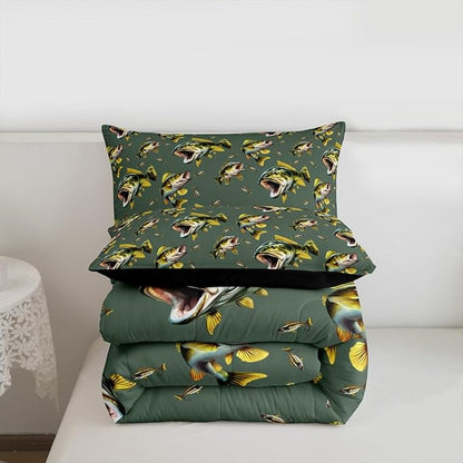 Erosebridal Bass Fishing King Bedding Set - Pike Fish Theme Comforter Set for Boys Kids Teen | Hunting Fisherman Quilt | Lake House Rustic Cabin Bedroom Decor with 2 Pillowcases