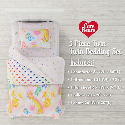 Care Bears Classic Retro Rainbow Bedding 5 Piece Super Soft Comforter and Sheet Set with Sham, Twin, (100% Official Licensed Product) by Franco Collectibles