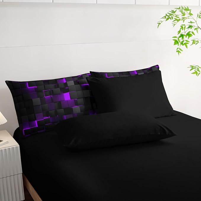 Geometric Violet Black King Comforter Set,Light Honeycomb Bedding Set 7 Piece in A Bag,Bed Sheet Set Geometry Decor,Microfiber Lightweight All Season