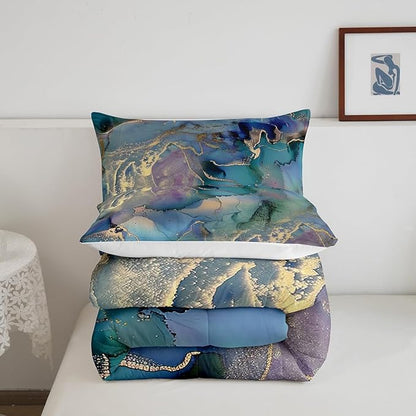 Erosebridal Golden Marble Grain Bedding Set King, Abstract Marble Texture Design Duvet Insert Marbling Comforter Set Iridescent Ink Fluid Art Duvet Filler Pastel Purple Teal Green Home Decor