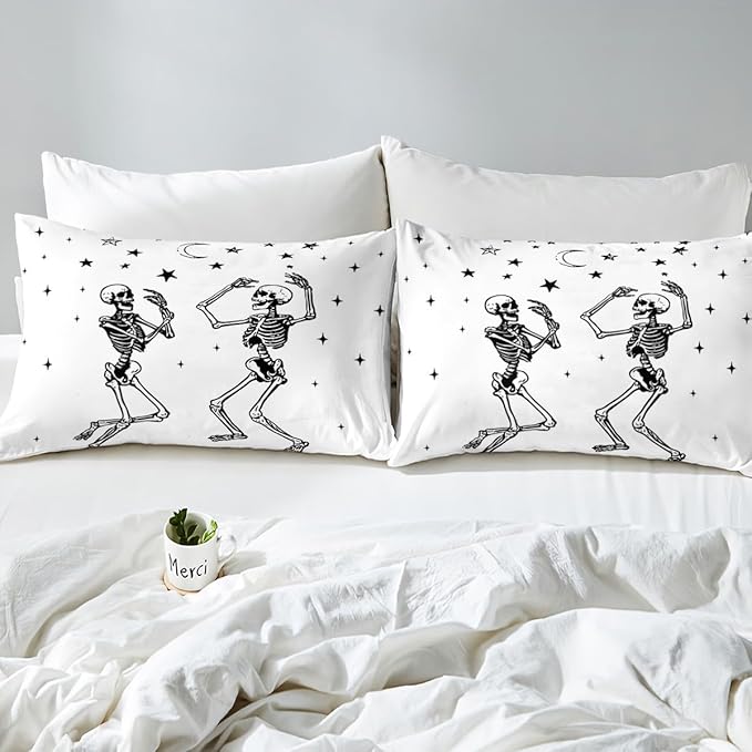 Erosebridal Halloween Skull Comforter Set Queen, Dancing Skull Bedding Set, Gothic Skeleton Comforter, Star Quilt with 2 Pillowcases for Kids Boys Teens Men Vintage Halloween Decor