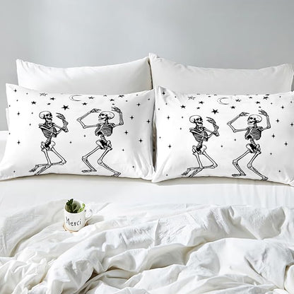 Erosebridal Halloween Skull Comforter Set Full, Dancing Skull Bedding Set, Gothic Skeleton Comforter, Star Quilt with 2 Pillowcases for Kids Boys Teens Men Vintage Halloween Decor