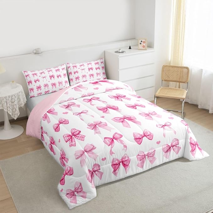Castle Fairy Bow Comforter Set Twin Size for Girls | Girl Bedding Sets Pink Bow Room Decor Coquette Style Bowknot Decor for Kids Teens Pink Watercolor Quilted Duvet Bed in a Bag 1 Pillowcase