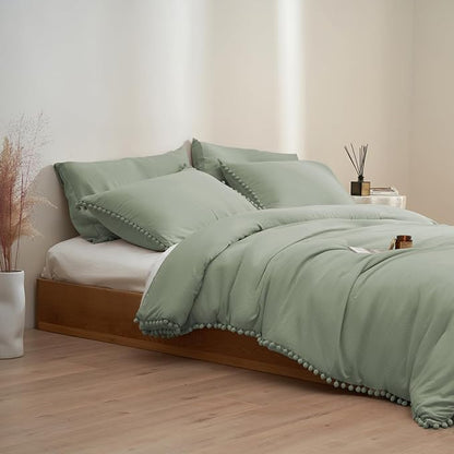 MUKKA Comforter Set 5-Piece Full Size Sage Green, Boho Pom Pom Fringe Comforter Sets Full Size, Bedding Comforter Set with 2 Pillowcases,2 Pillowshams