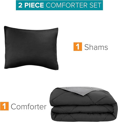 Comfort Spaces Vixie Reversible Comforter Set - Trendy Casual Geometric Quilted Cover, All Season Down Alternative Cozy Bedding, Matching Sham, Black/Gray, Twin/Twin XL 2 piece