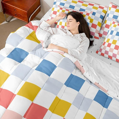 Feelyou Multicolored Checkered Retro Comforter Set with Sheets 7 Piece Full Size Geometric Cute Bed in a Bag Kids Boys Girls Colorful Bedding Set Modern Groovy Aesthetic Bedroom Decor Breathable Soft