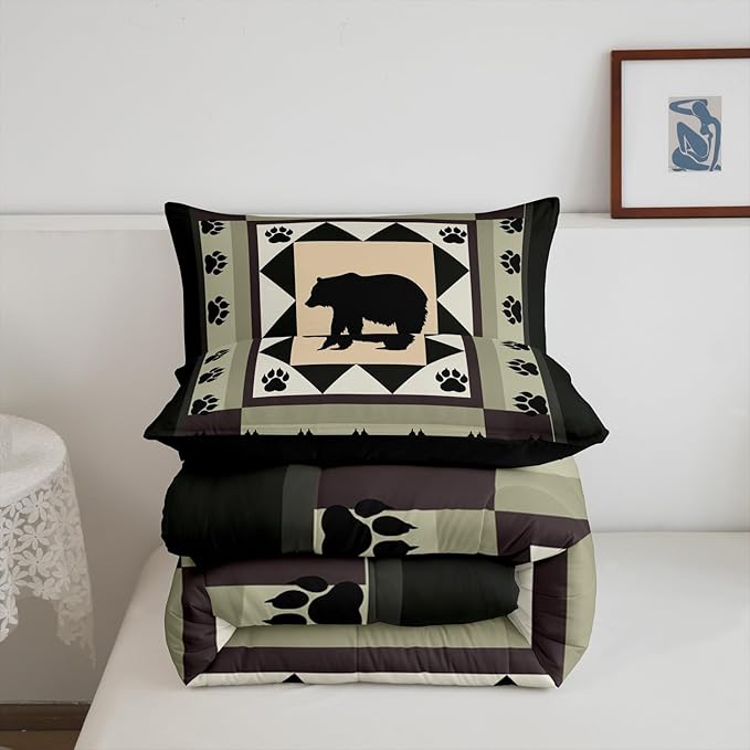 Feelyou Western Rustic Bear Print Full Size Comforter Set,Wild Animal Hunting Theme Bedding Comforters Bedroom Collection, Rustic Cabin Country Decor Bedding Set for Girls Teens with 2 Pillowcases