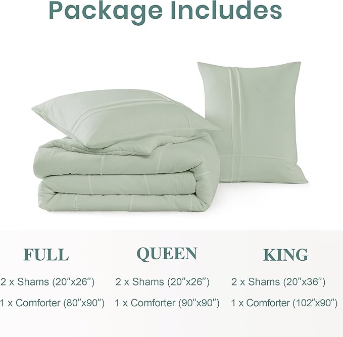 Boho King Size Comforter Set, Sage Green King Size Bed Set 3 Piece, Pinch Pleat King Bedding Set and Green Fluffy Comforter Sets for Bedroom