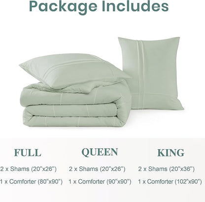 Boho King Size Comforter Set, Sage Green King Size Bed Set 3 Piece, Pinch Pleat King Bedding Set and Green Fluffy Comforter Sets for Bedroom