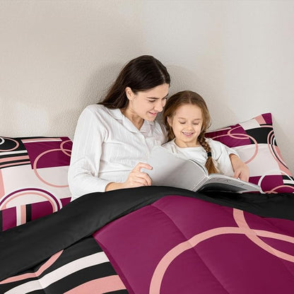 Geometric Circles Swirls Bedding Set Queen Modern Pink Purple Black Gray Comforter Abstract Grid Quilted Duvet Stripes Square Duvet Insert Soft Microfiber Bedding Comforter Sets Simple Style