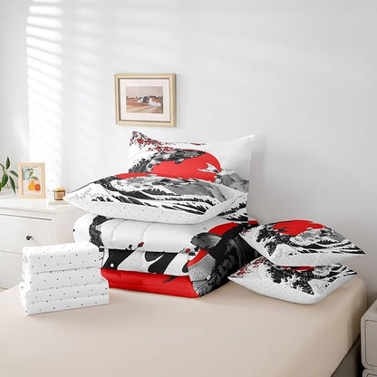 Erosebridal Mount Fuji Bed in a Bag King Size Japanese Style Koi Fish Duvet Insert Ukiyo-E Theme 7 Piece Comforter Set Mountain Cherry Blossom Red Sun Ink Painting Flat Fitted Sheet,Black White