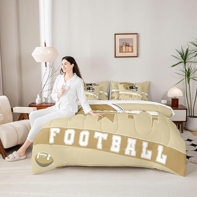 Erosebridal Football 7 Pcs Comforter Set King Football Fans Bedding for Men Football City Sheet Set Bed in A Bag Yellow Rugby Competition Room Decor Sports Ball Game Quilt