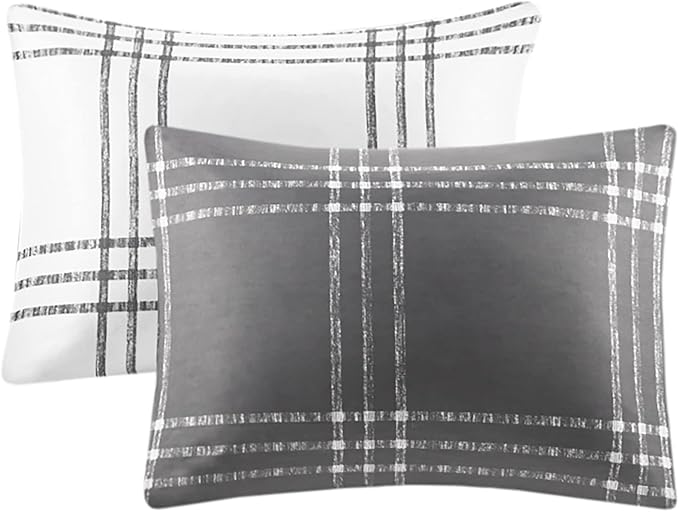 Intelligent Design Pike Reversible Comforter Set, Cottage Plaid Print, Modern Cabin Lifestyle, Down Alternative, All Season Bedding with Matching Sham, Twin/Twin XL White/Grey 2 Piece