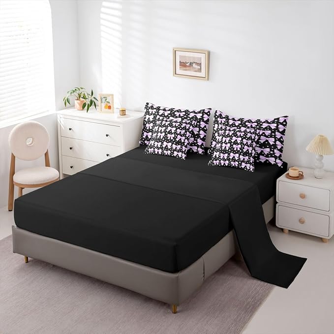 Erosebridal Bowknot Girls Kawaii Purple Black Full Comforter Set 7 Pieces | Cute Bow Bed in A Bag for Bedroom Princess Y2K Dreamy Bedding Set with Comforters Starry Room Decor