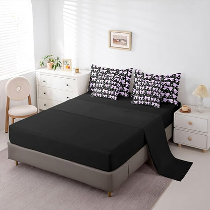 Erosebridal Bowknot Girls Kawaii Purple Black Comforter Set Queen Size 7 Pieces | Cute Bow Bed in A Bag Princess Y2K Dreamy Bed Set Starry Bedding