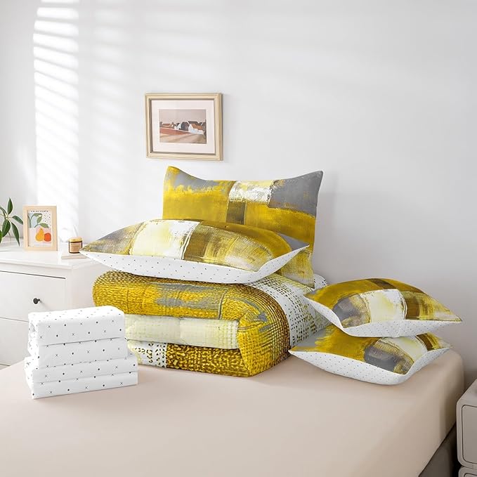 Erosebridal Yellow White Gray Bedding Full Size 7-Piece Oil Painting Comforter Set, Ombre Gradient Bed in a Bag with Flat Sheet and Fitted Sheet Graffiti Abstract Bedding Comforter Sets