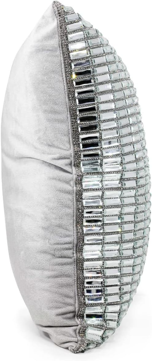 Fifth Avenue Pillow, Velvet Backing, Glass Stones, Dramatic, Hypoallergenic Fiber Insert, for Sophisticated Luxury Home Decor, Silver, 16", Sold Individually