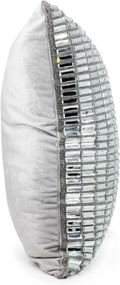 Fifth Avenue Pillow, Velvet Backing, Glass Stones, Dramatic, Hypoallergenic Fiber Insert, for Sophisticated Luxury Home Decor, Silver, 16", Sold Individually
