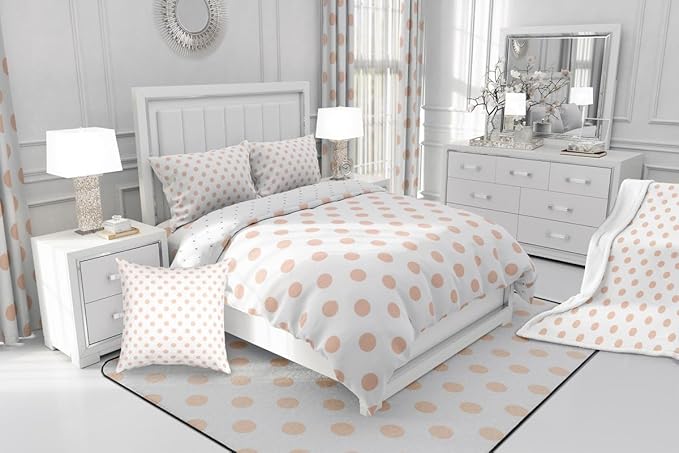 Manfei Polka Dots Pink White Comforter Set King Size,Geometric Circles Simple Art Bedding Set 3 Pcs for Adults,Cute French Style Dots Cartoon Comforter,2 Pillowcases