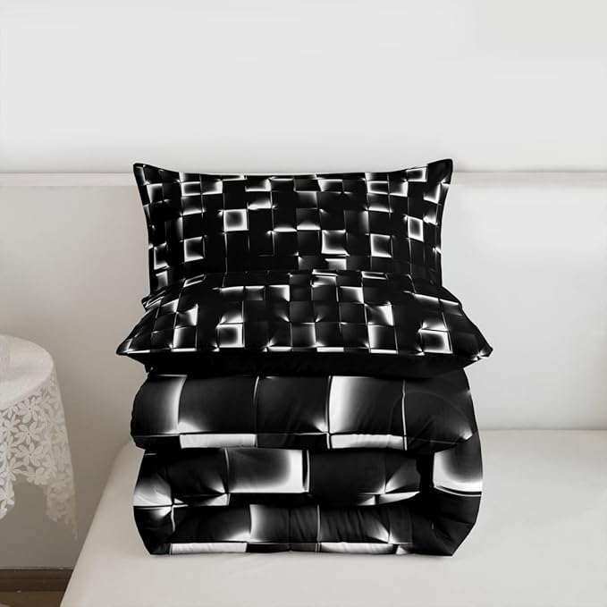Erosebridal Geometric Checkered Comforter Toddler Size Neon Black White Comforter Set for Kids Teen Men Gamer Room Decor,Abstract Ombre Plaid Bedding Set Grids Quilt Duvet