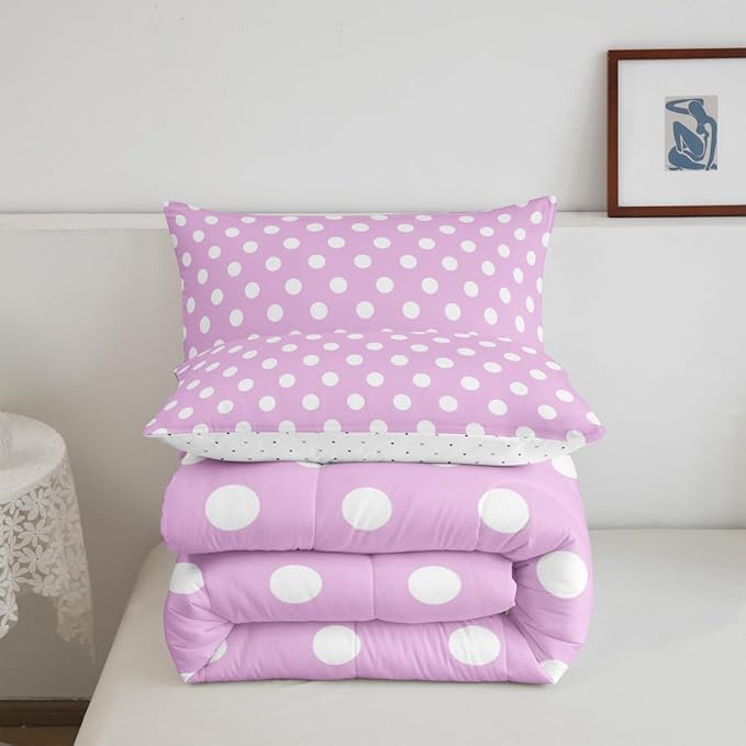 Manfei Polka Dots Comforter Set Twin Size,Cartoon French Style Dots Rose Pink White Bedding Set for Kids Teens,Modern Geometric Circles Abstract Simple Art Comforter,2 Pcs 1 Pillowcase