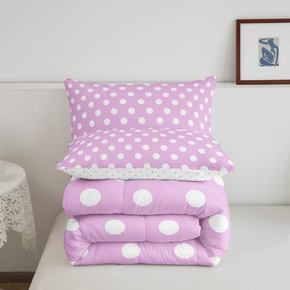 Manfei Polka Dots Comforter Set Queen Size,Cartoon French Style Dots Rose Pink White Bedding Set for Teens Adults,Modern Geometric Circles Abstract Simple Art Comforter,3 Pcs 2 Pillowcases
