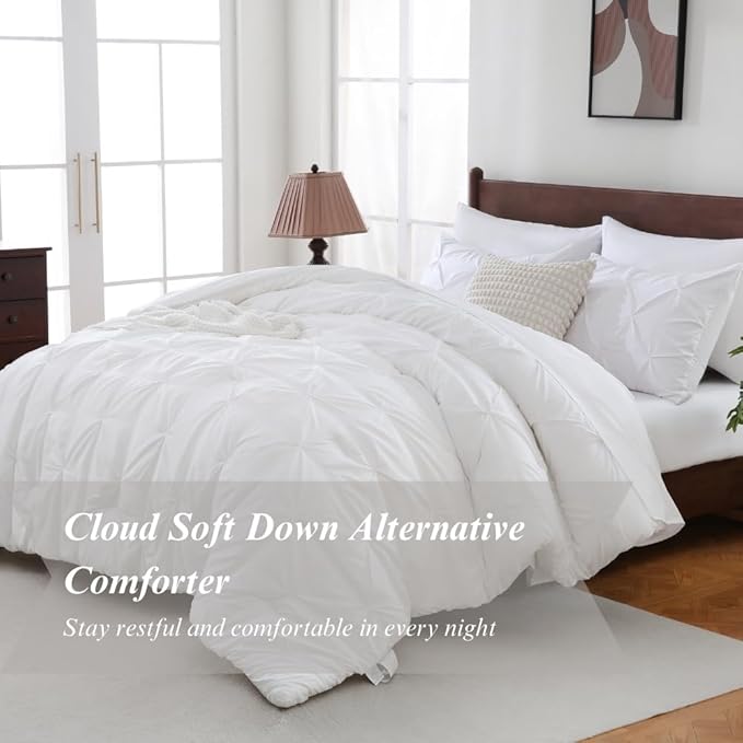 Sheet&Joy Queen Comforter Set, 7-Piece Bed in a Bag, Pintuck Bedding Sets for All Season, Includes Comforter, Flat Sheet, Fitted Sheet, Pillowcases and Pillowshams, White