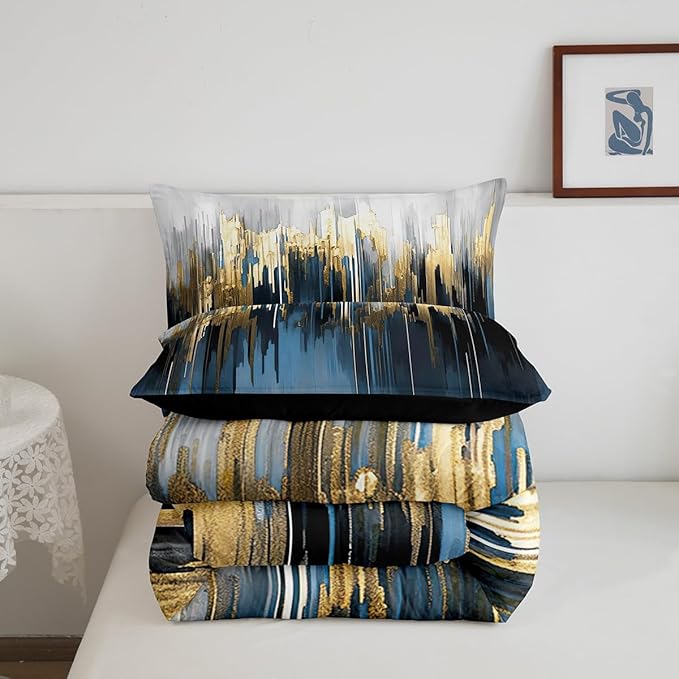 Navy Blue Comforter Set King Gradient Brush Marks Bedding Set, Watercolor Stripe Aesthetic Bedding Comforter Sets Greyish White Ombre Duvet Sets, Vintage Contemporary Quilted Comforter 3pcs