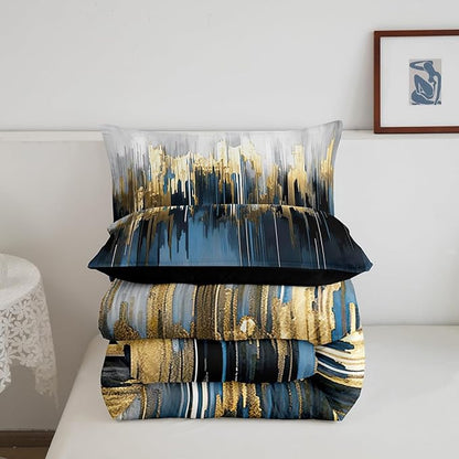 Navy Blue Comforter Set King Gradient Brush Marks Bedding Set, Watercolor Stripe Aesthetic Bedding Comforter Sets Greyish White Ombre Duvet Sets, Vintage Contemporary Quilted Comforter 3pcs