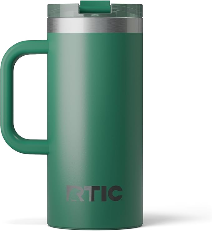 RTIC 16oz Road Trip Travel Mug with Lid and Handle, Ceramic Lined, Insulated, Stainless Steel, Metal, Double Wall Vacuum-Insulation, Portable Coffee, Tea Cup for Hot and Cold Drink, Pine Tree