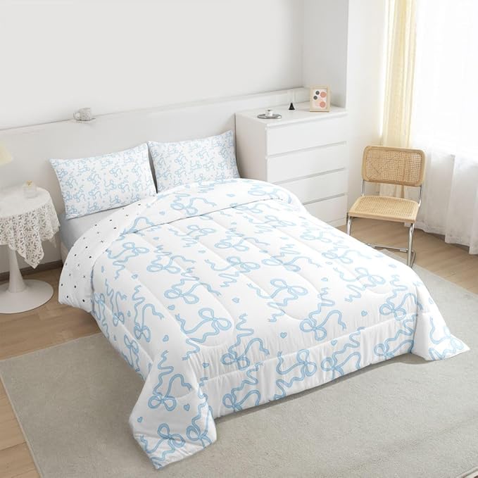Blue Bow Print Bedding Sets King Size,Girl Cartoon Love Heart Comforter Set 3Pcs for Kids Girls Women Room Decor,Kawaii Princess Style Quilted Duvet Girly Sweet Down Comforter,2 Pillowcases