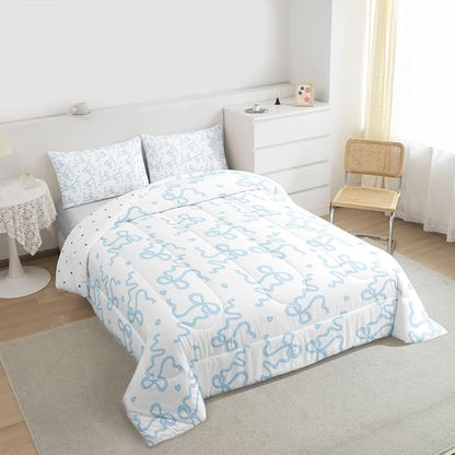 Blue Bow Print Comforter Set Twin Size,Girl Cartoon Love Heart Bedding Sets 2Pcs for Kids Girls Women Room Decor,Kawaii Princess Style Duvet Insert Girly Sweet Down Comforter,1 Pillowcase