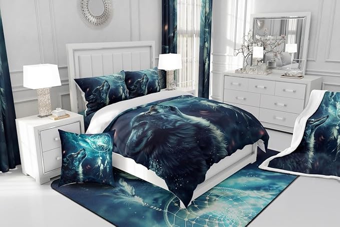 Erosebridal Hunting Wolf Toddler Bedding Set,Dream Catcher Wolf Comforter Set for Kids Boys Girls Room Decor,Wild Animal Safari Bed Set Boho Exotic Ethnic Bedding Comforter Sets,1 Pillowcase