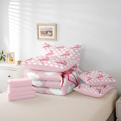 Erosebridal Flamingo Love Hearts Girls Pink Full Comforter Set 7 Pieces | Kawaii White Animal Bed in A Bag for Bedroom Wildlife Safari Romantic Bedding Set with Comforters Kids Teens Women Room Decor